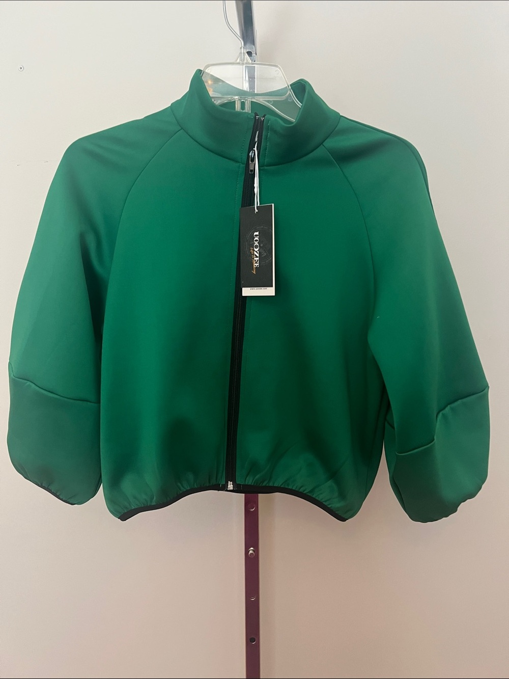 Uoozee Green Cropped Bomber Jacket features a full front zipper and stand collar